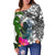 Palau Women's Off Shoulder Sweater White - Turtle Plumeria Banana Leaf Crest - Polynesian Pride