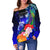 Fiji Custom Personalised Women's Off Shoulder Sweater - Humpback Whale with Tropical Flowers (Blue) - Polynesian Pride