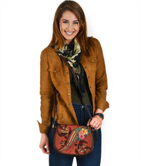 Polynesian Turtle Leather Saddle Bag - Tribal Tattoo with Hibiscus Coral - Polynesian Pride