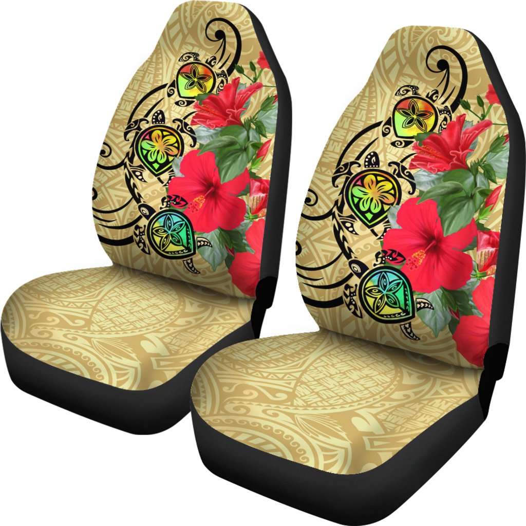 Hawaiian Marble Turtles Hibiscus Car Seat Covers (Set of 2) Universal Fit Beige - Polynesian Pride