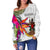 Vanuatu Women's Off Shoulder Sweater Polynesian Hibiscus White Pattern - Polynesian Pride