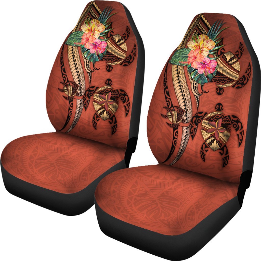 Polynesian Turtle Car Seat Covers - Tribal Tattoo with Hibiscus Coral Universal Fit Coral - Polynesian Pride