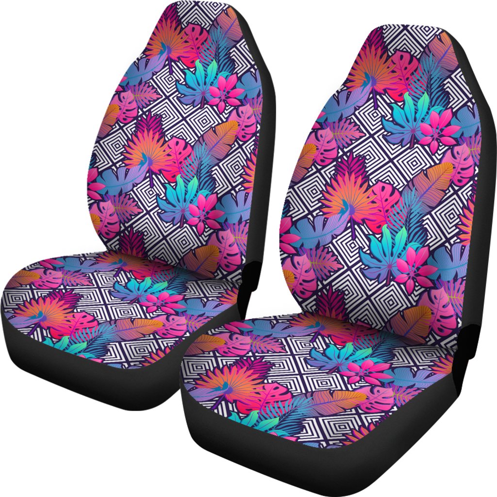 Hawaiian Tropical Exotic Leaves And Flowers On Geometrical Ornament. Car Seat Cover Universal Fit Pink - Polynesian Pride