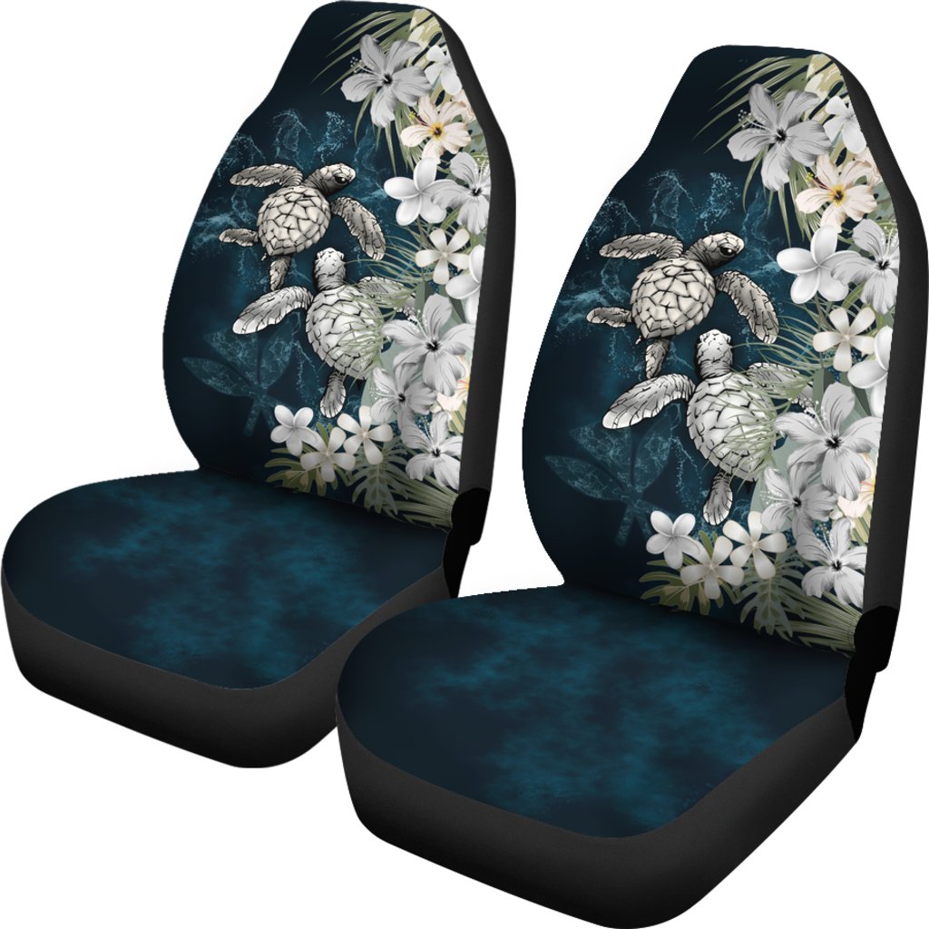 Kanaka Maoli (Hawaiian) Car Seat Covers - Sea Turtle Tropical Hibiscus And Plumeria White Universal Fit Art - Polynesian Pride