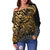 Tahiti Polynesian Women Off Shoulder Sweater - Gold Turtle Hibiscus Flowing - Polynesian Pride