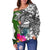 American Samoa Women's Off Shoulder Sweater White - Turtle Plumeria Banana Leaf - Polynesian Pride