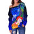 Polynesian Hawaii Women's Off Shoulder Sweater - Humpback Whale with Tropical Flowers (Blue) - Polynesian Pride