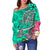 Polynesian Women's Off Shoulder Sweater - Turtle Plumeria Turquoise Color - Polynesian Pride