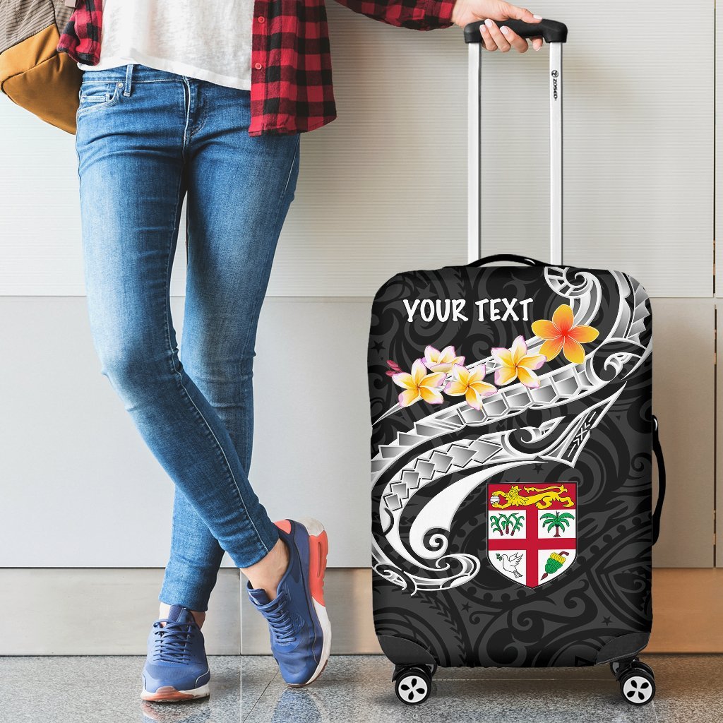 Fiji Custom Personalised Luggage Covers - Fiji Seal Polynesian Patterns Plumeria (Black) Black - Polynesian Pride