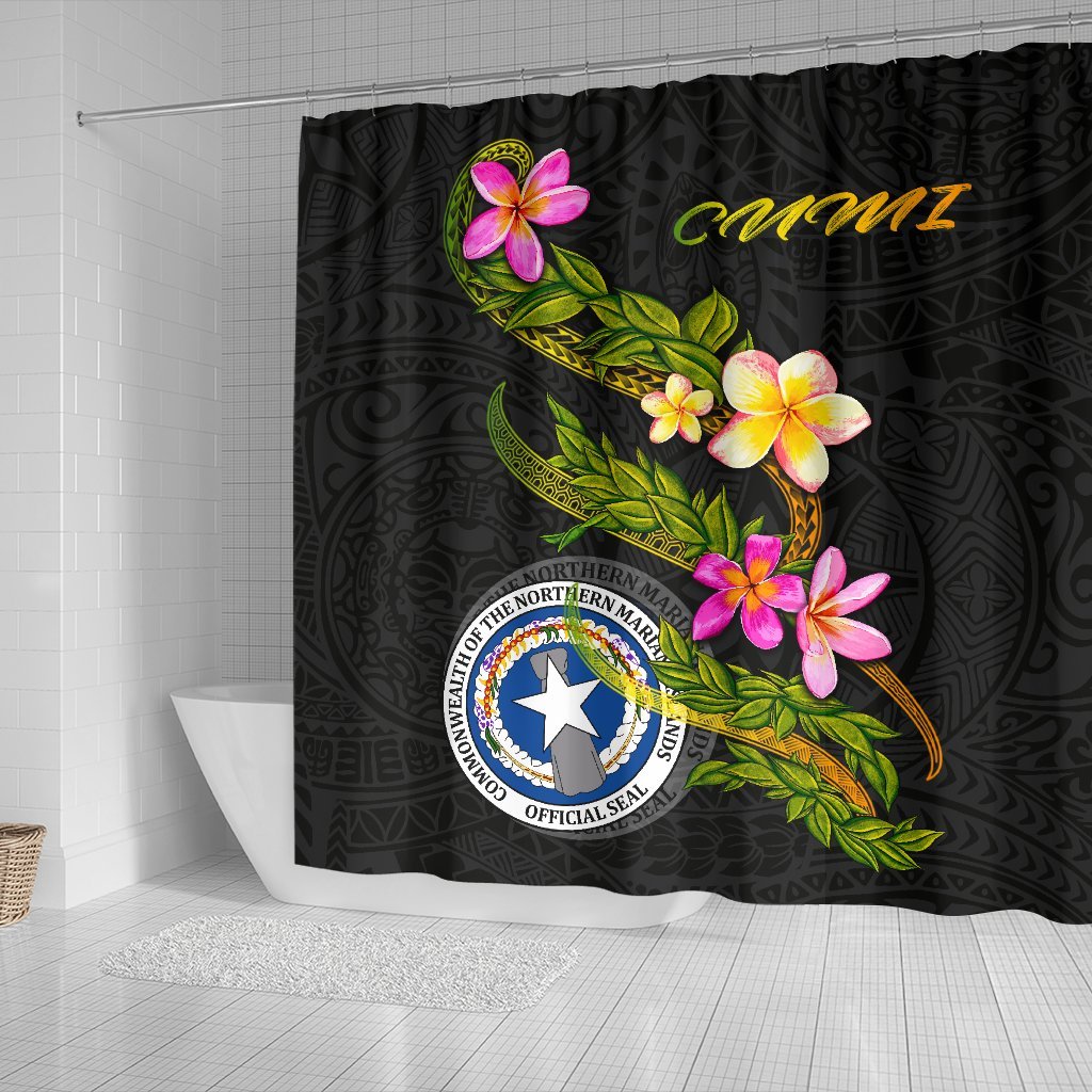 Northern Mariana Islands Polynesian Shower Curtain - Plumeria Tribal 177 x 172 (cm) Black - Polynesian Pride