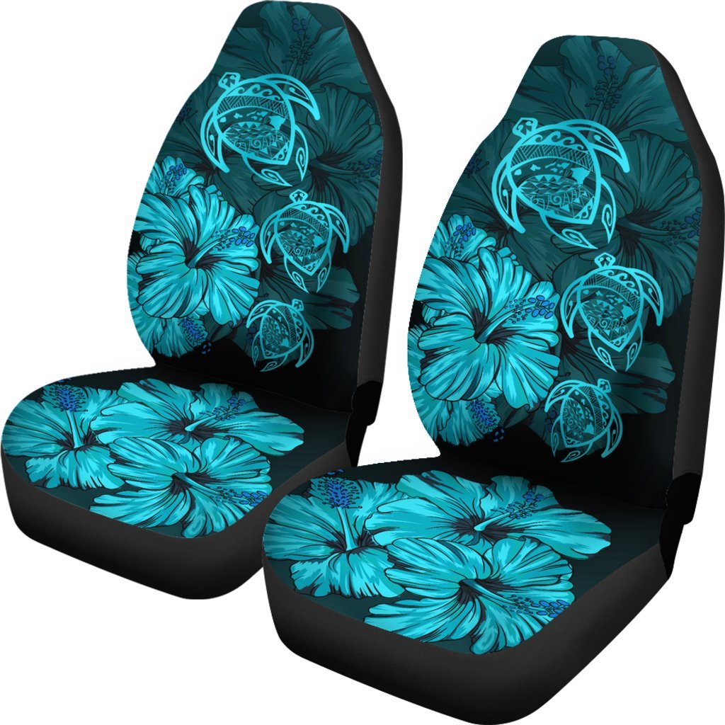 Hawaiian Map Turtle Hibiscus Turquoise Vintage Polynesian Car Seat Covers Universal Fit Blue - Polynesian Pride