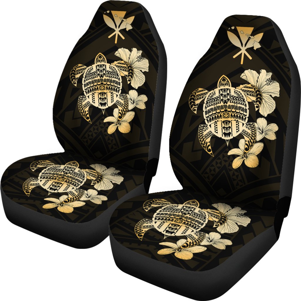 Hawaiian Kanaka Hibiscus Plumeria Mix Polynesian Turtle Car Seat Covers Gold AH Universal Fit Gold - Polynesian Pride