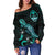 Guam Polynesian Women's Off Shoulder Sweater - Turtle With Blooming Hibiscus Turquoise - Polynesian Pride