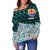 Tahiti Women's Off Shoulder Sweater - Coconut Leaves Weave Pattern Blue - Polynesian Pride