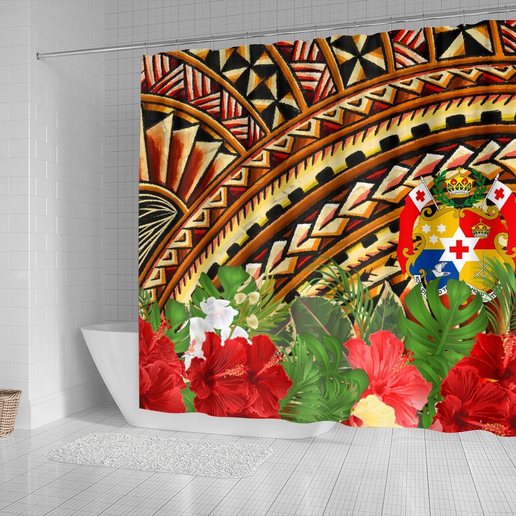 Tonga Shower Curtain - Vintage Pattern With Hibiscus Flower 177 x 172 (cm) Gold - Polynesian Pride