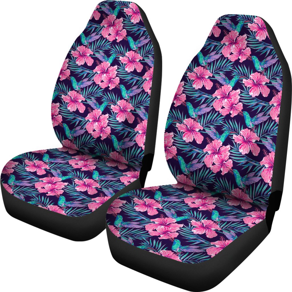 Hawaiian Tropical Flowers With Hummingbirds Palm Leaves Car Seat Cover Universal Fit Pink - Polynesian Pride