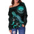 Federated States of Micronesia Polynesian Women's Off Shoulder Sweater - Turtle With Blooming Hibiscus Turquoise - Polynesian Pride