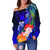 Tonga Custom Personalised Women's Off Shoulder Sweater - Humpback Whale with Tropical Flowers (Blue) - Polynesian Pride