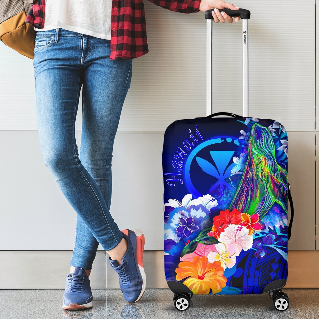 Polynesian Hawaii Luggage Covers - Kanaka Maoli Humpback Whale with Tropical Flowers (Blue) Blue - Polynesian Pride