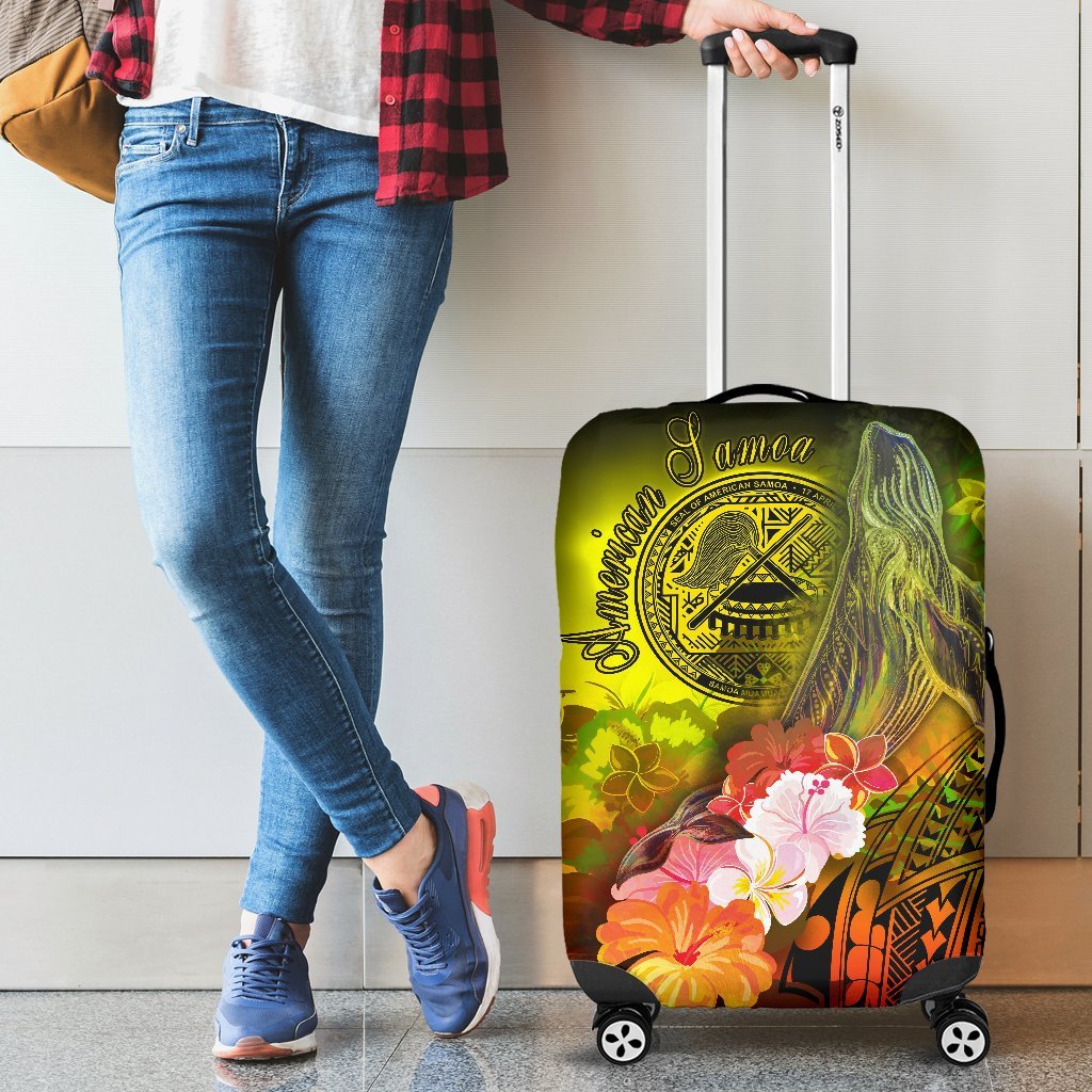 American Samoa Polynesian Luggage Covers - Humpback Whale with Tropical Flowers Yellow - Polynesian Pride