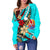 Tahiti Women's Off Shoulder Sweaters - Tribal Flower With Special Turtles Blue Color - Polynesian Pride