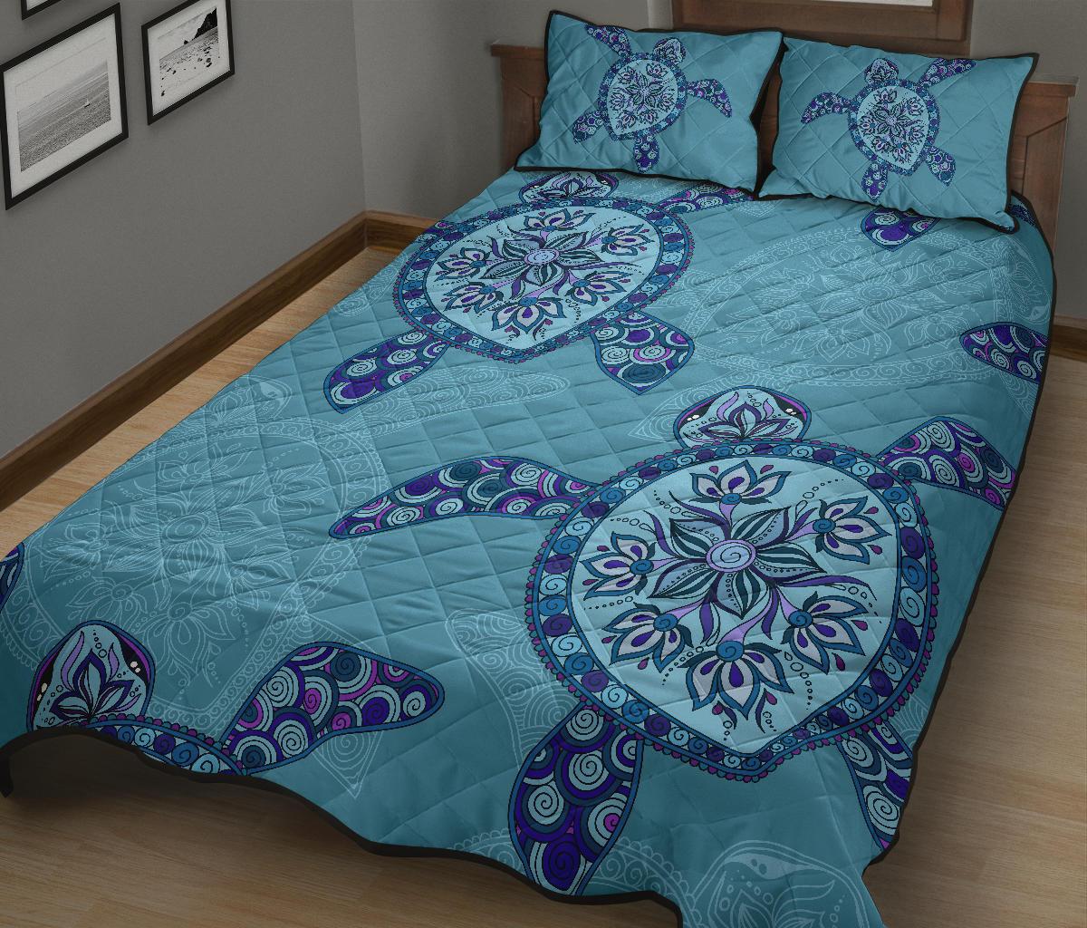 Hawaii Quilt Bed Set - Blue Turtle Quilt Bed Set - Polynesian Pride