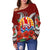 Tahiti Polynesian Off Shoulder Sweater - Hibiscus Coat of Arm Red - Polynesian Pride