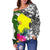 Palau Women's Off Shoulder Sweater White - Turtle Plumeria Banana Leaf - Polynesian Pride