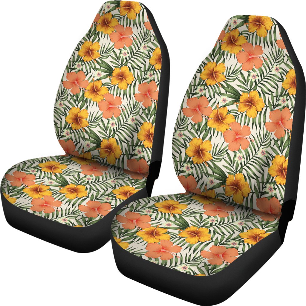 Hawaiian Tropical Flowers Hibiscus Pink Yellow Car Seat Cover Universal Fit White - Polynesian Pride