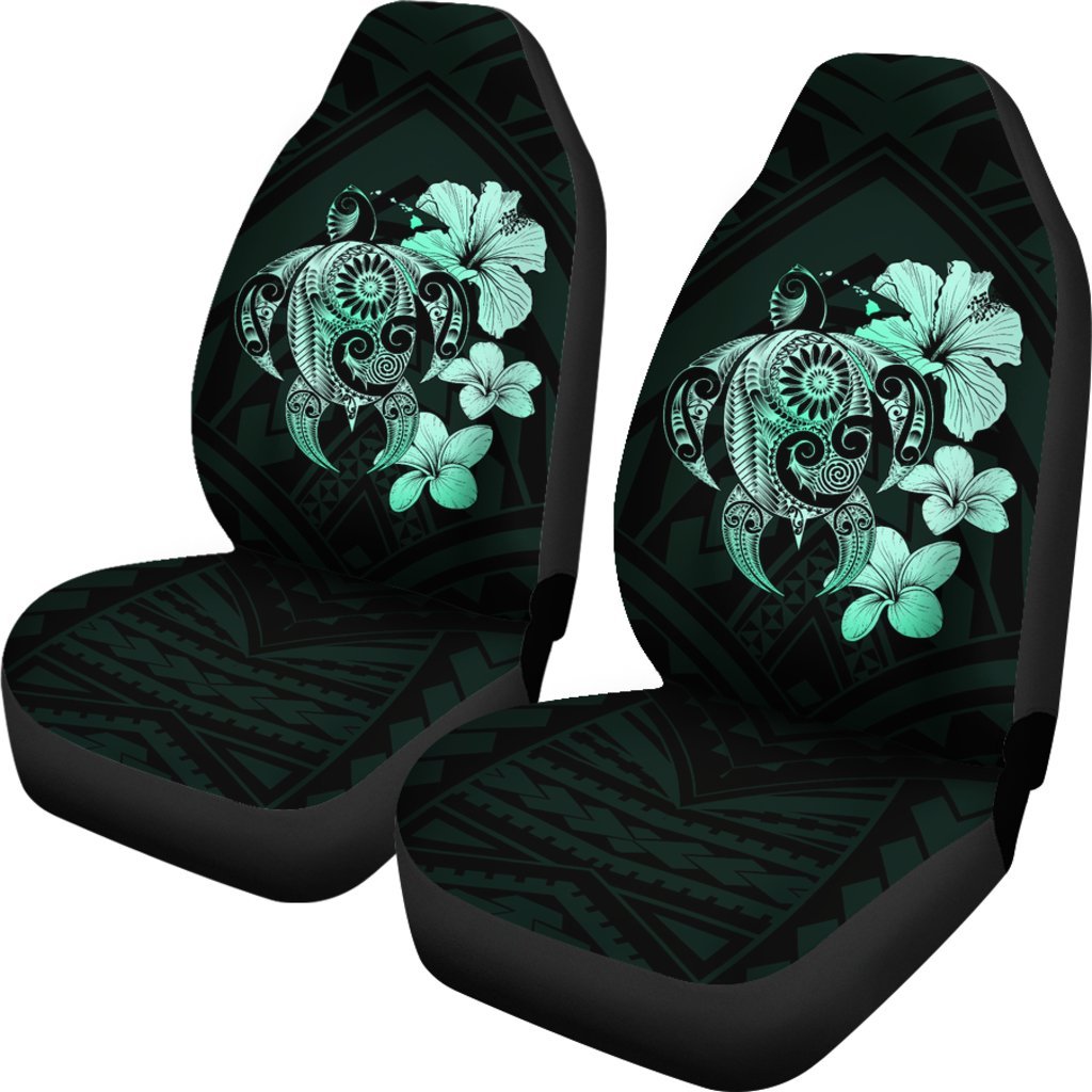 Hibiscus Plumeria Mix Polynesian Turquoise Turtle Car Seat Covers Universal Fit Turquoise - Polynesian Pride