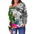 New Caledonia Women's Off Shoulder Sweater White - Turtle Plumeria Banana Leaf Crest - Polynesian Pride