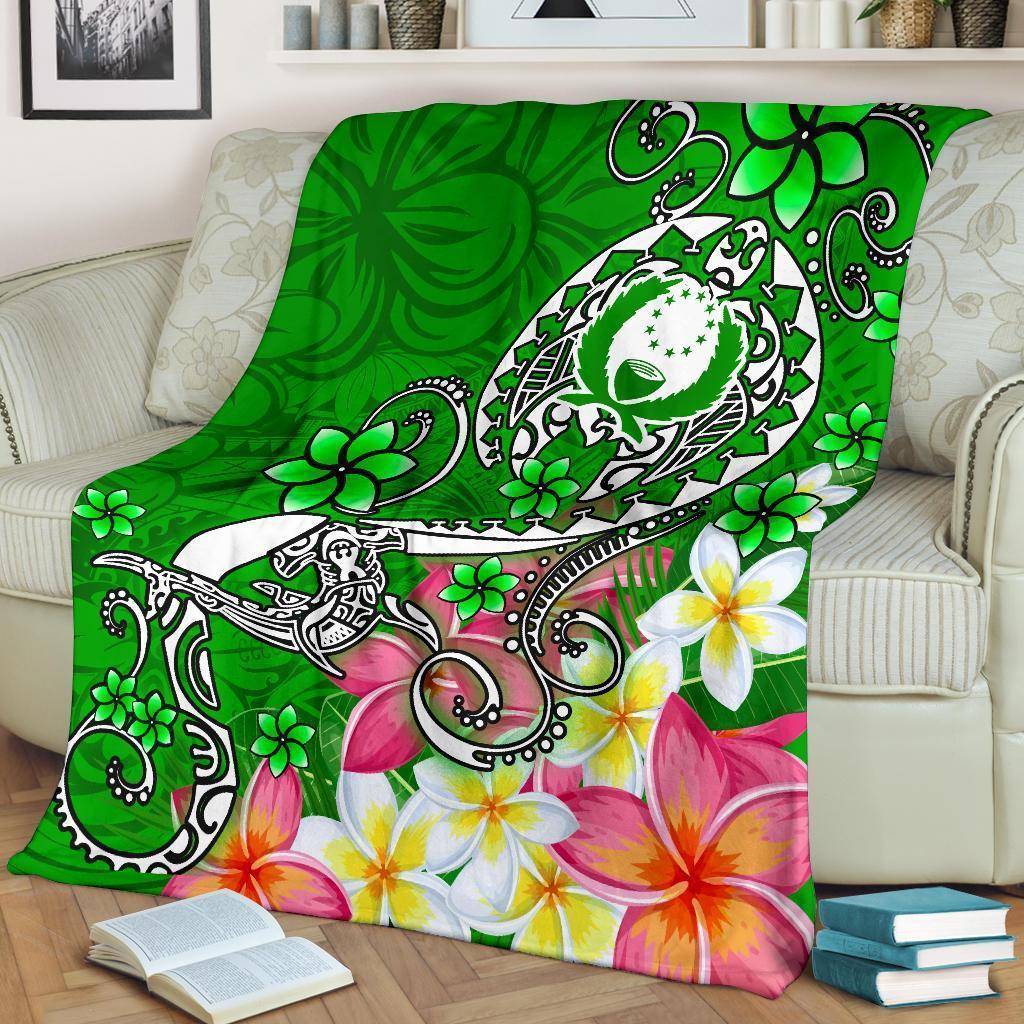 Pohnpei Premium Blanket - Turtle Plumeria (Green) White - Polynesian Pride