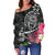 American Samoa Polynesian Women's Off Shoulder Sweater - Turtle Plumeria (Black) - Polynesian Pride