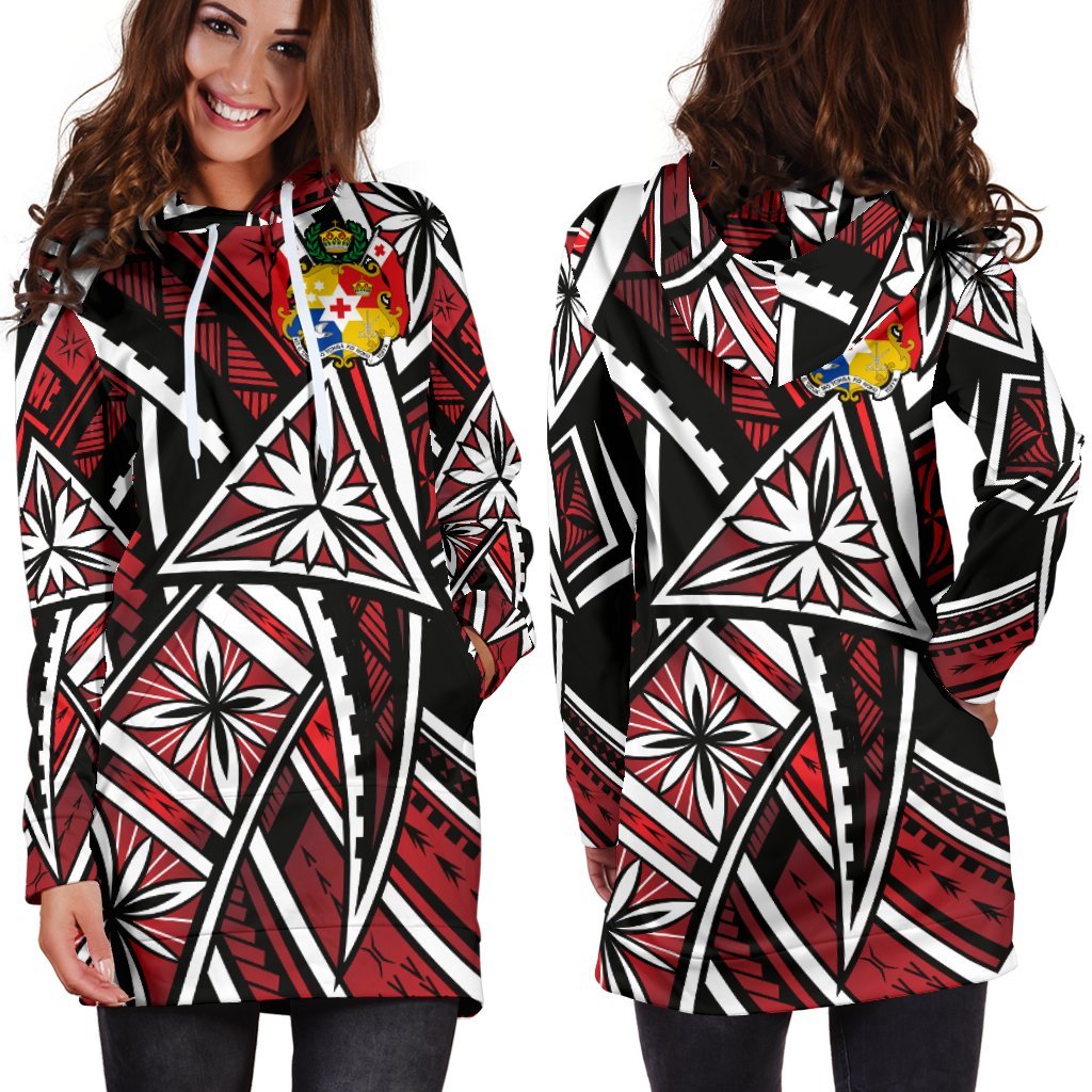 Tonga Women's Hoodie Dress - Tribal Flower Special Pattern Red Color Red - Polynesian Pride