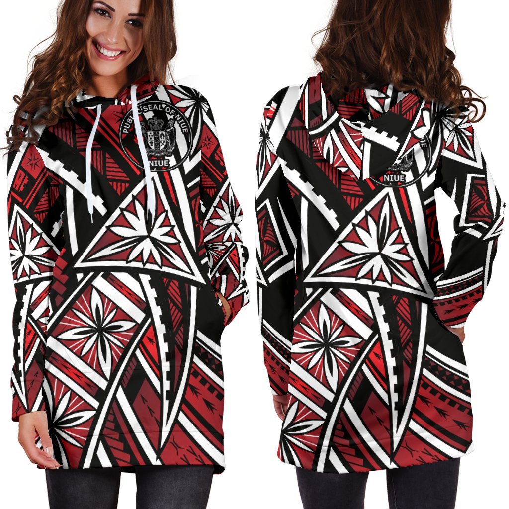 Niue Women's Hoodie Dress - Tribal Flower Special Pattern Red Color Red - Polynesian Pride