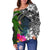 Palau Off Shoulder Sweater - Turtle Plumeria Banana Leaf Crest - Polynesian Pride