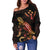 Kosrae Polynesian Women's Off Shoulder Sweater - Turtle With Blooming Hibiscus Gold - Polynesian Pride