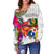 Tonga Women's Off Shoulder Sweater Polynesian Hibiscus White Pattern - Polynesian Pride