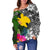 Papua New Guinea Off Shoulder Sweater - Turtle Plumeria Banana Leaf - Polynesian Pride