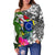 Cook Islands Women's Off Shoulder Sweater White - Turtle Plumeria Banana Leaf - Polynesian Pride