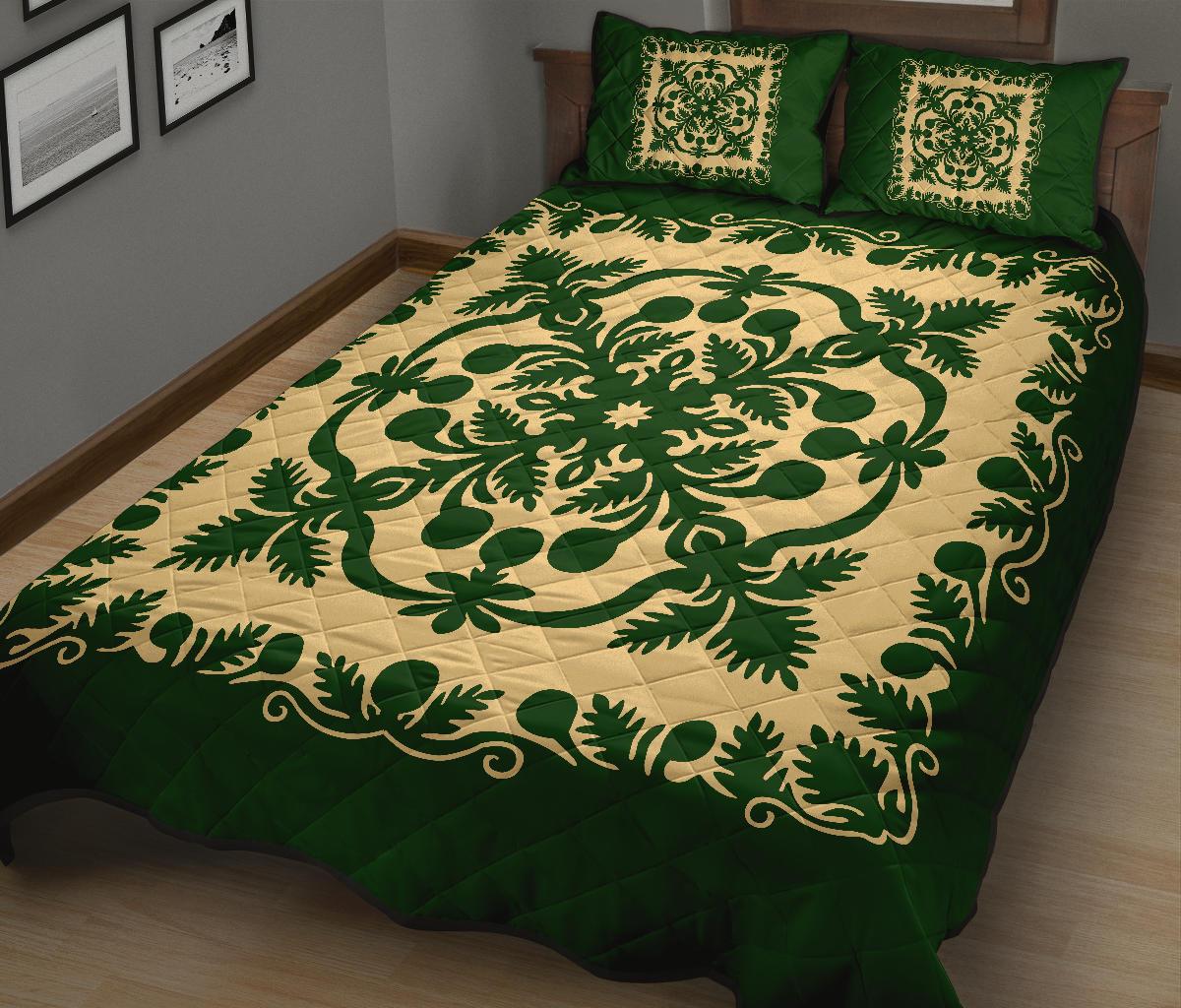 Hawaiian Quilt Bed Set Royal Pattern - Emerald Green - Polynesian Pride