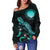 CNMI Polynesian Women's Off Shoulder Sweater - Turtle With Blooming Hibiscus Turquoise - Polynesian Pride