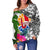 Tahiti Women's Off Shoulder Sweater White - Turtle Plumeria Banana Leaf - Polynesian Pride