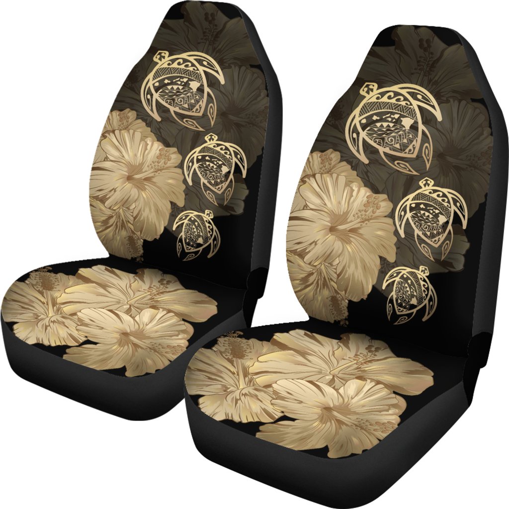 Hawaiian Map Turtle Hibiscus Gold Vintage Polynesian Car Seat Covers Universal Fit Gold - Polynesian Pride