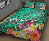 Hawaii Quilt Bed Set - Turtle Plumeria Polynesian Tattoo Turquoise Color - Polynesian Pride
