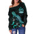 Vanuatu Polynesian Women's Off Shoulder Sweater - Turtle With Blooming Hibiscus Turquoise - Polynesian Pride