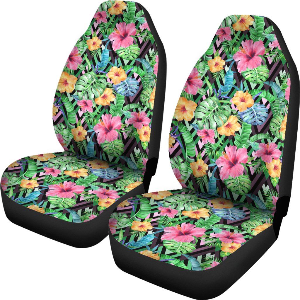 Hawaiian Tropical Hibiscus Banana Leafs Car Seat Cover Universal Fit Green - Polynesian Pride