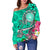 American Samoa Polynesian Women's Off Shoulder Sweater - Turtle Plumeria (Turquoise) - Polynesian Pride