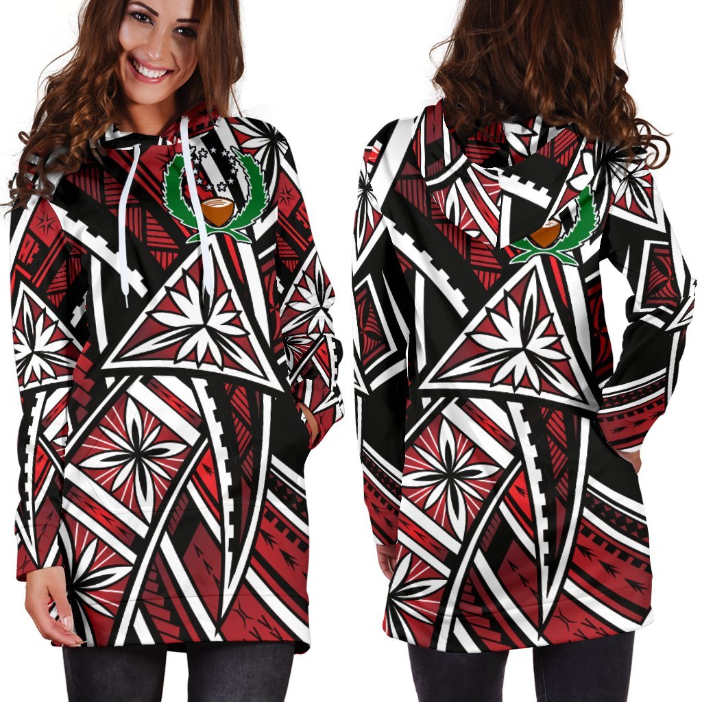 Pohnpei Women's Hoodie Dress - Tribal Flower Special Pattern Red Color Red - Polynesian Pride