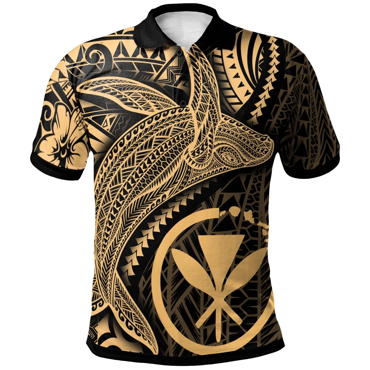 Hawaii Kanaka Maoli Map Polo Shirt Humpback Whale and Coat of Arms Gold Unisex Gold - Polynesian Pride